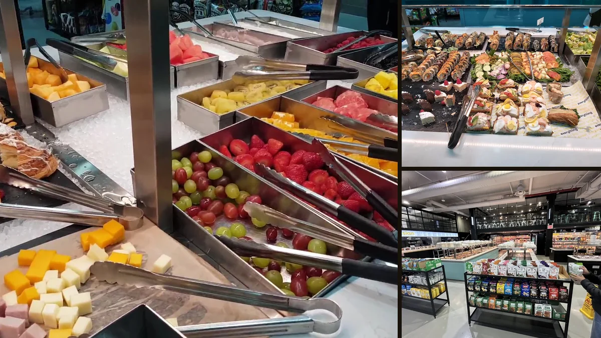 Fast-casual market seating near the counter.