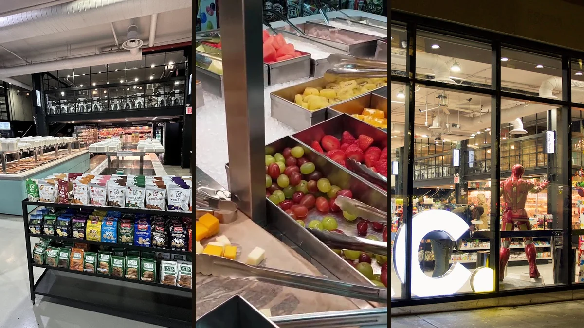 Prepared foods displayed in a bright restaurant interior.