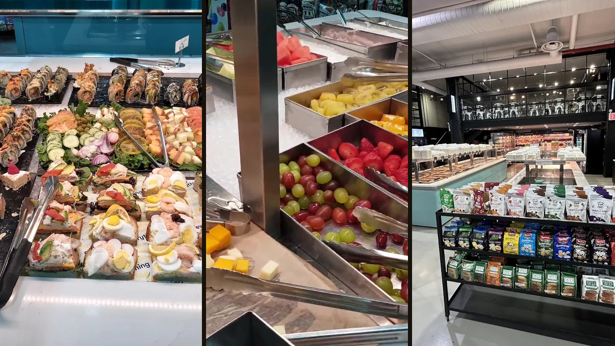 Restaurant interior with grab-and-go food cases.