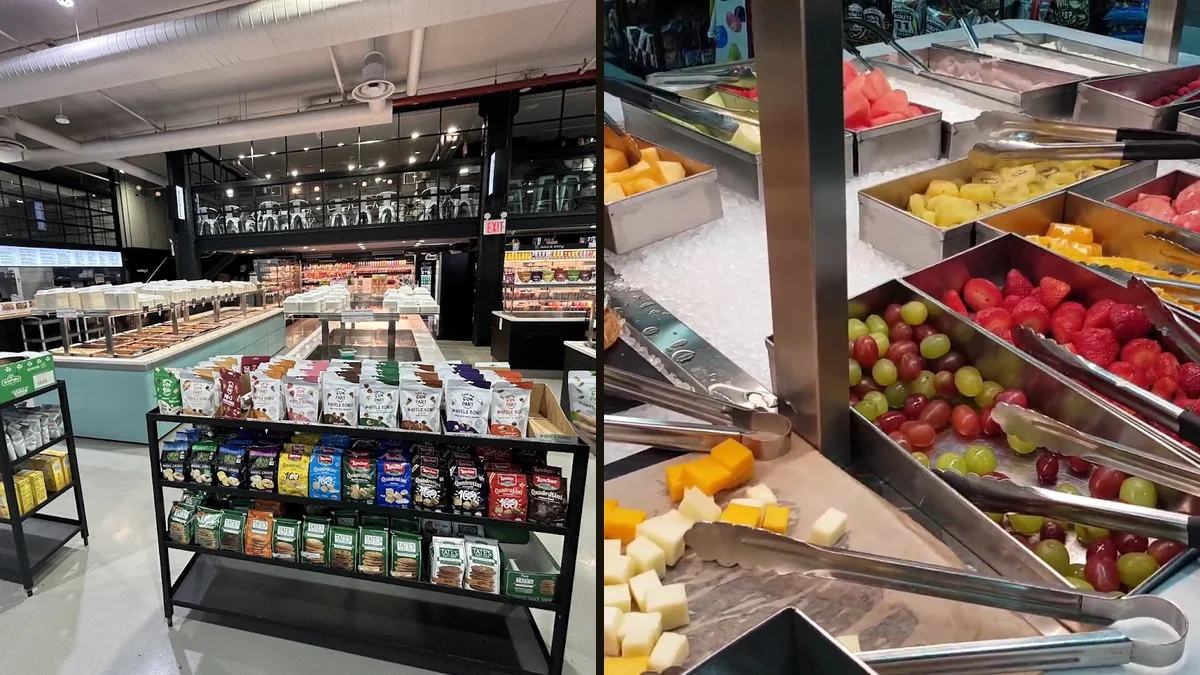 Prepared foods displayed in a bright restaurant interior.
